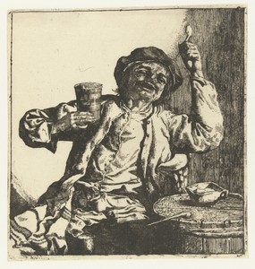 Drinkende man by Cornelis Dusart, created 1685, in paper; etching. Download this artwork as a high-resolution wallpaper for desktop, tablet, or mobile. — Cornelis Dusart Wallpaper