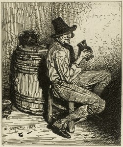 Drinker by Charles Emile Jacque, created 1843, in Etching on ivory China paper laid down on ivory wove paper. Download this artwork as a high-resolution wallpap — Illustration Wallpaper
