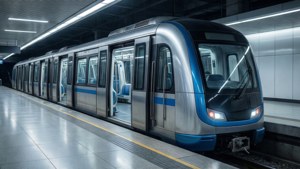 Zukünftiger fahrerloser U-Bahn-Zug kommt an einem sauberen, leeren Bahnsteig an