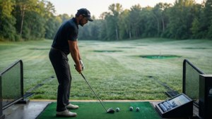 Adam Hadwin affina il suo swing in un driving range nebbioso all'alba.