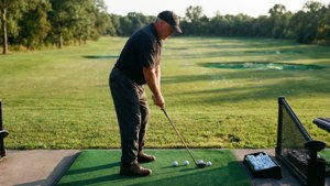 Frank Lickliter II på en driving range, forbereder seg på å svinge.