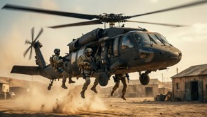 Operator turun dengan tali cepat dari Black Hawk ke dalam kompleks berdebu dalam wallpaper aksi taktis
