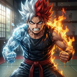 Shoto Todoroki hard trainen met zowel ijs als vuur, inspirerende anime wallpaper