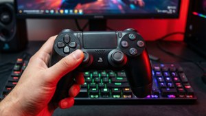 Kontrol Sony DualShock 4 di tangan dengan pengaturan game RGB, untuk gamer konsol.