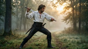 Alexandre Chaponnier i en sverdsvingende duellstilling i en tåkete skog.