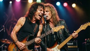 Eddie Van Halen and David Lee Roth performing together on stage.