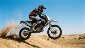 Moto Rieju che salta sopra una duna di sabbia nel deserto