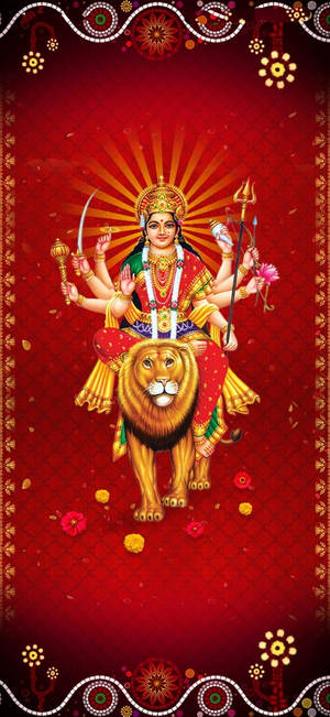 Déesse hindoue Durga chevauchant un lion avec dix bras tenant des armes sur un fond rouge.