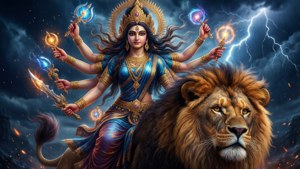 Dramatisk Devi Durga på løve med våpen og tordenvær bakgrunnsbilde
