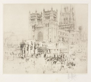 Durham Cathedral by William Walcot, created 1923, in etching and drypoint. Download this artwork as a high-resolution wallpaper for desktop, tablet, or mobile. — William Walcot Wallpaper