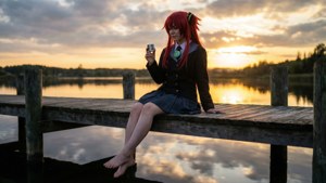 Ruri Hijiribe på kajen ved solnedgang med mahjong-brik