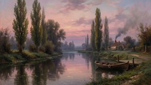 Pemandangan sungai Jules Dupré yang tenang di senja hari dengan pohon poplar dan perahu dayung.