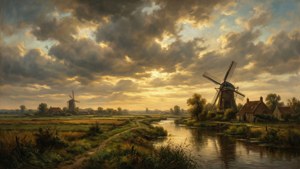 Dutch windmills beside a river at golden sunset with dramatic clouds. — Rembrandt Picture
