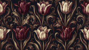 Pola tulip simetris terinspirasi Pieter Yver dalam warna merah anggur dan krem pada latar belakang gelap.