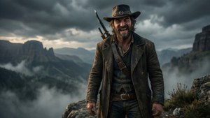 Dutch van der Linde in a dramatic, ominous pose on a mountain ledge.