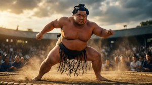 Sumobryder i mawashi klar i ring under solnedgangskamp med publikum, der ser til.