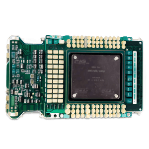 Close-up of a green circuit board with a central chip and glowing connectors. — Processor PNG