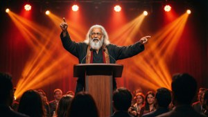 Osho holder et dynamisk foredrag med levende scenelys, energisk wallpaper