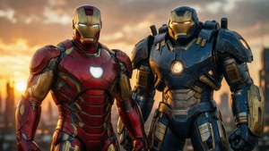 Iron Man e War Machine posano insieme su uno sfondo mozzafiato al tramonto.
