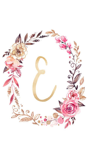 Una corona floral rosa y dorada rodea una letra E dorada sobre fondo blanco. — Corona floral Imagen Fondos de pantalla