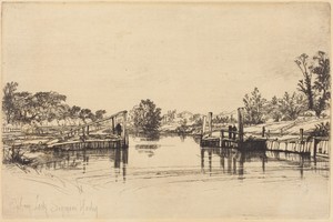 Eagham Lock by Francis Seymour Haden, created 1859, in etching with drypoint on laid paper. Download this artwork as a high-resolution wallpaper for desktop, ta — Francis Seymour Haden Wallpaper