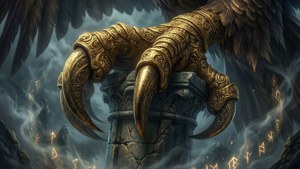 Et dramatisk fantasy-tapet med en gylden ørneklobeslag på en ruineret søjle med mystiske runer.