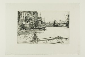 Eagle Wharf by James McNeill Whistler, created 1859, in Etching with foul biting in black ink on off-white laid paper. Download this artwork as a high-resolutio — Art Background