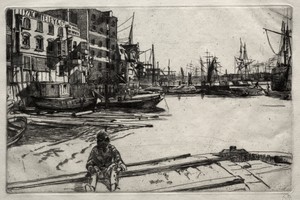 Eagle Wharf by James McNeill Whistler, created 1859, in etching. Download this artwork as a high-resolution wallpaper for desktop, tablet, or mobile. — Art Picture