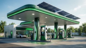 Moderne Tankstelle mit E-Ladestation und Solarmodulen, umweltfreundlich