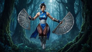Kitana scivola attraverso una foresta mistica in Mortal Kombat Armageddon