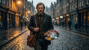 John Mackie Falconer dans une rue pavée pluvieuse à Édimbourg
