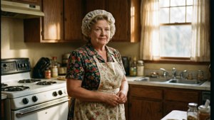 Varm hjemmescene av Edith Bunker i Bunker-familiens kjøkken