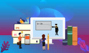 Students and teachers learning math with giant books and a digital screen. — Educational Picture