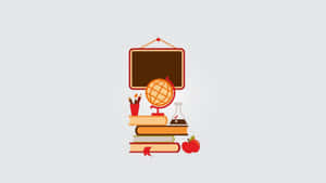 Pilha de livros com globo, béquer, maçã e quadro-negro para educação. — School Aesthetic Papéis de Parede