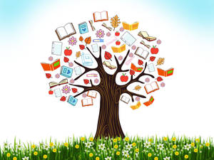 Arbre avec des livres, des pommes et des fleurs poussant de ses branches dans un champ herbeux.