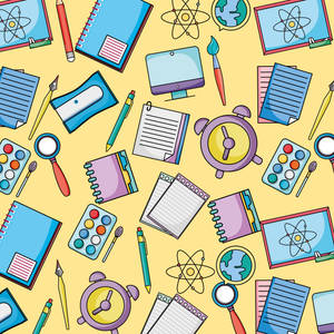 Materiale scolastico a cartoni animati e strumenti scientifici su sfondo giallo. — Immagini educative Sfondi