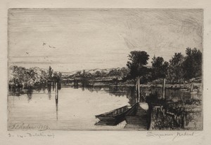 Egham by Francis Seymour Haden, created 1859, in etching. Download this artwork as a high-resolution wallpaper for desktop, tablet, or mobile. — Francis Seymour Haden Wallpaper
