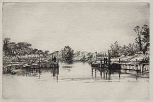 Egham Lock by Francis Seymour Haden, created 1859, in etching. Download this artwork as a high-resolution wallpaper for desktop, tablet, or mobile. — Francis Seymour Haden Wallpaper