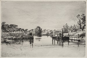 Egham Lock by Francis Seymour Haden, created 1833–1910, in etching. Download this artwork as a high-resolution wallpaper for desktop, tablet, or mobile. — Art Picture