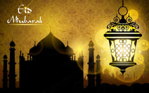 Lanterna dorata appesa sopra la sagoma di moschea con augurio Eid Mubarak. — Emoji felice Sfondi