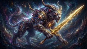 Die Elden Beast schwebt in einem kosmischen Vakuum mit ihrem goldenen Schwert.