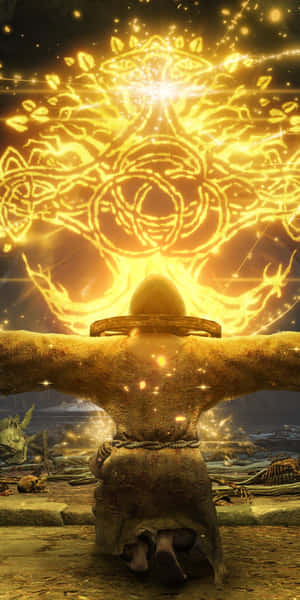 Krieger kniet vor glühendem goldenem Baum des Lebens in Fantasy-Kampfszene — Elden Ring iPhone Wallpaper