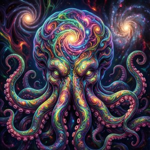 Abstrakte psychedelische Kunst, die Cthulhus kosmischen Geist darstellt.