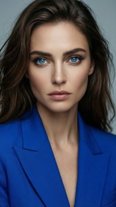Retrato em close-up de mulher em terno azul elétrico com olhos azuis, alta moda