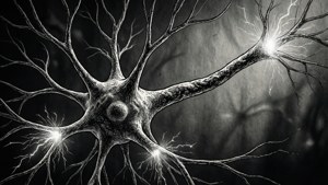 Schwarz-weißes Neuron mit verzweigten Dendriten und Funken