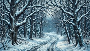 Een winterbospad met met sneeuw bedekte bomen in de grillige, elektrische stijl van Charles Burchfield.