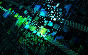 Glowing blue and green digital cubes and lines on a dark background.