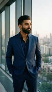 Virat Kohli dalam setelan jas, berdiri dengan pemandangan kota, elegan dan bergaya.