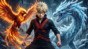 Shoto Todoroki befaler en ildføniks og isdrage i en episk fantasyscene.