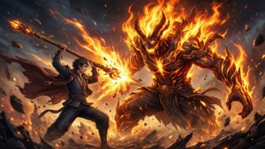 Kouen Ren kjemper mot et massivt ild-elemental.